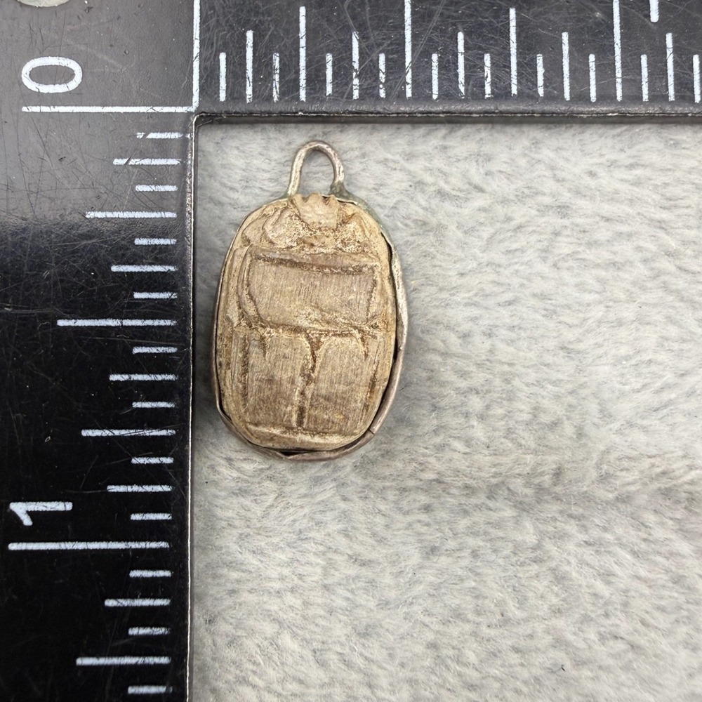 Vintage Carved Scarab Beetle Pendant Charm Silver Tone Egyptian Revival - Picture 5 of 7